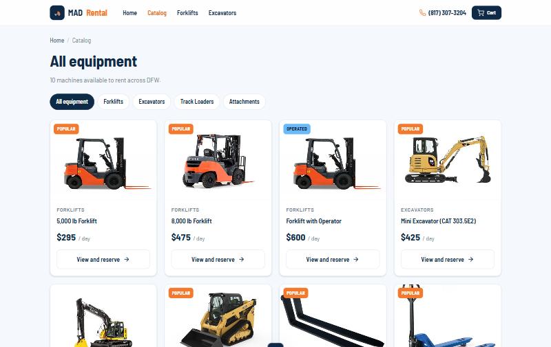 MAD Rental equipment catalog grid
