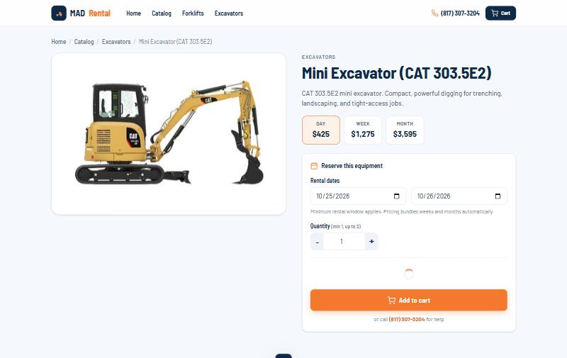 MAD Rental product page with date picker and rate tiers